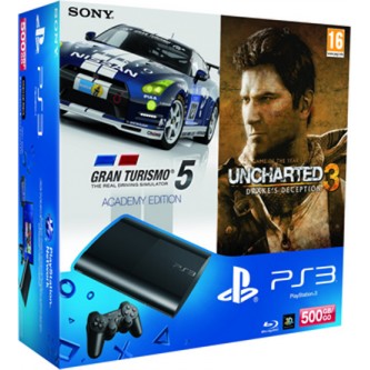   Комплект «Sony PS3 Super Slim (500 Gb) (CECH-4008C)» + игра «Gran Turismo 5 Academy Edition» + игра Uncharted 3. Иллюзии Дрейка. Игра Года
